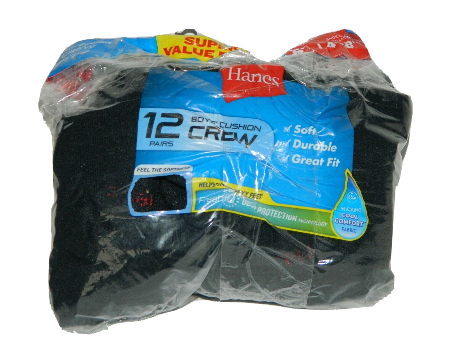 Hanes TODDLER Boy's Classic Crew Sock 12 Pack Black Size: S 