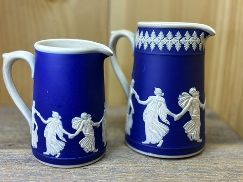 Mint Condition 2 WEDGWOOD COBALT BLUE JASPERWARE PITCHER Dancing Ladies