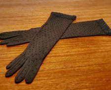 VINTAGE Black BEADED NYLON stretch LADIES EVENING Gloves OS. MADE IN HONG KONG