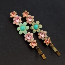Michal Negrin Hairpin Pastel Pink Green Floral Lot 2 Barrette Pair Crystals Gift
