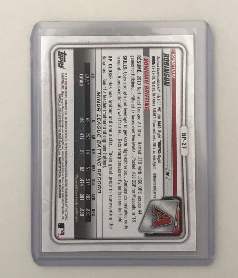 Kristian Robinson 2020 Bowman #BP-27 Paper GOLD Serial #/50 Prospect Rookie - Image 2 of 4