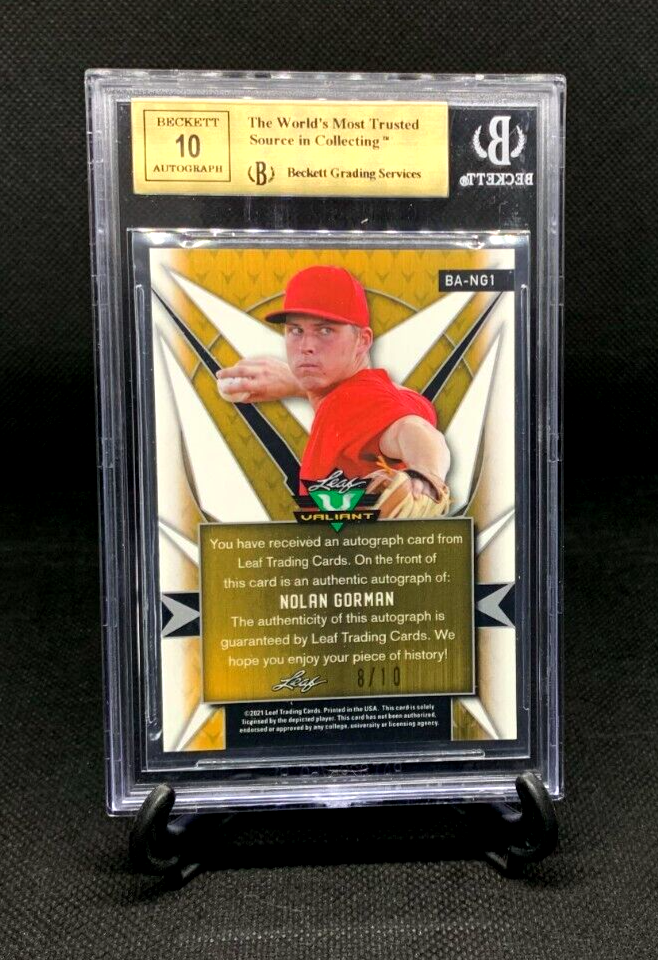 NOLAN GORMAN 2021 Leaf Valiant Yellow Gold XRC Auto Prospect RC /10 BGS