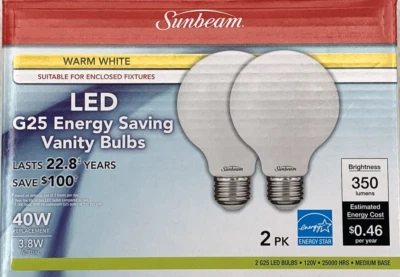 G25 LED Vanity Bulbs 2-Pk 40 Watt Warm White 350 Lumens Energy Saving by Sunbeam - Image 1 of 4