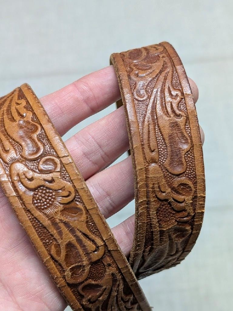 vintage TOOLED buckle belt 34 brown RANGER cowhide leather WESTERN floral scroll