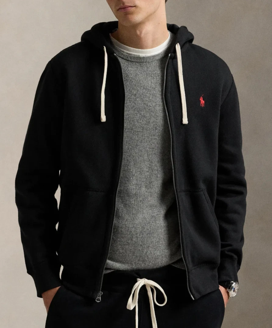 Polo Ralph Lauren Mens Full Zip Fleece Hoodie Thermal Hood Cotton Blend Black XL