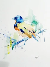 Watercolor hand painted signed OLI'  "Bird" Modern art on cardboard 20x30 cm