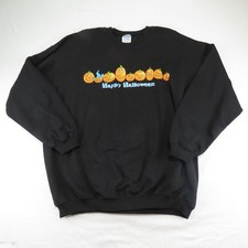 Vintage Gildan Black Unisex Sweatshirt "Happy Halloween" Pumpkins Faces XL