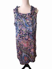 Talbots Paisley Shift Dress Womens 16 Navy Blue Colorful Sleeveless Ruffled Neck