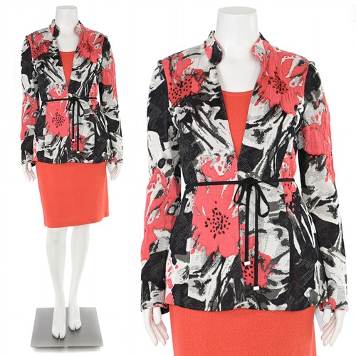 St. John Knits 3Pc Skirt Suit sz 8/M/6 Coral Multi Floral Jacket Top & Skirt Set