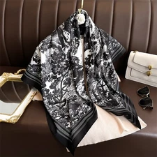 Luxury Black White Toile De Jouy Print Silk Scarf Shawl Wrap 35" Womens Scarves