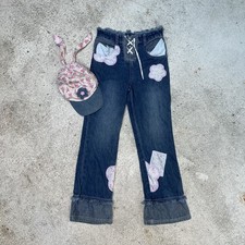 Disney Kids Vintage Floral Denim Jeans  Matching Hat Flared Frayed 7/8