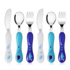 6 PCS Toddler Utensils Kids Silverware Stainless Steel Knife Fork Spoon Blue