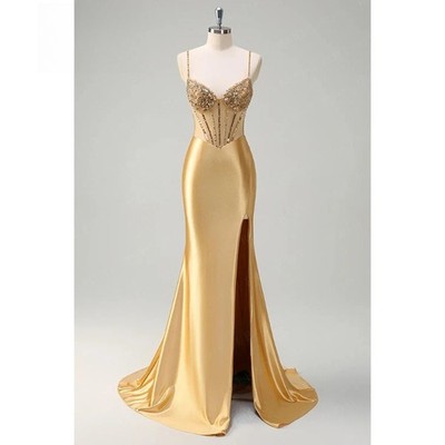 Mermaid Satin Rhinestone Evening Dresses Beads Sweetheart Prom Dress Customized