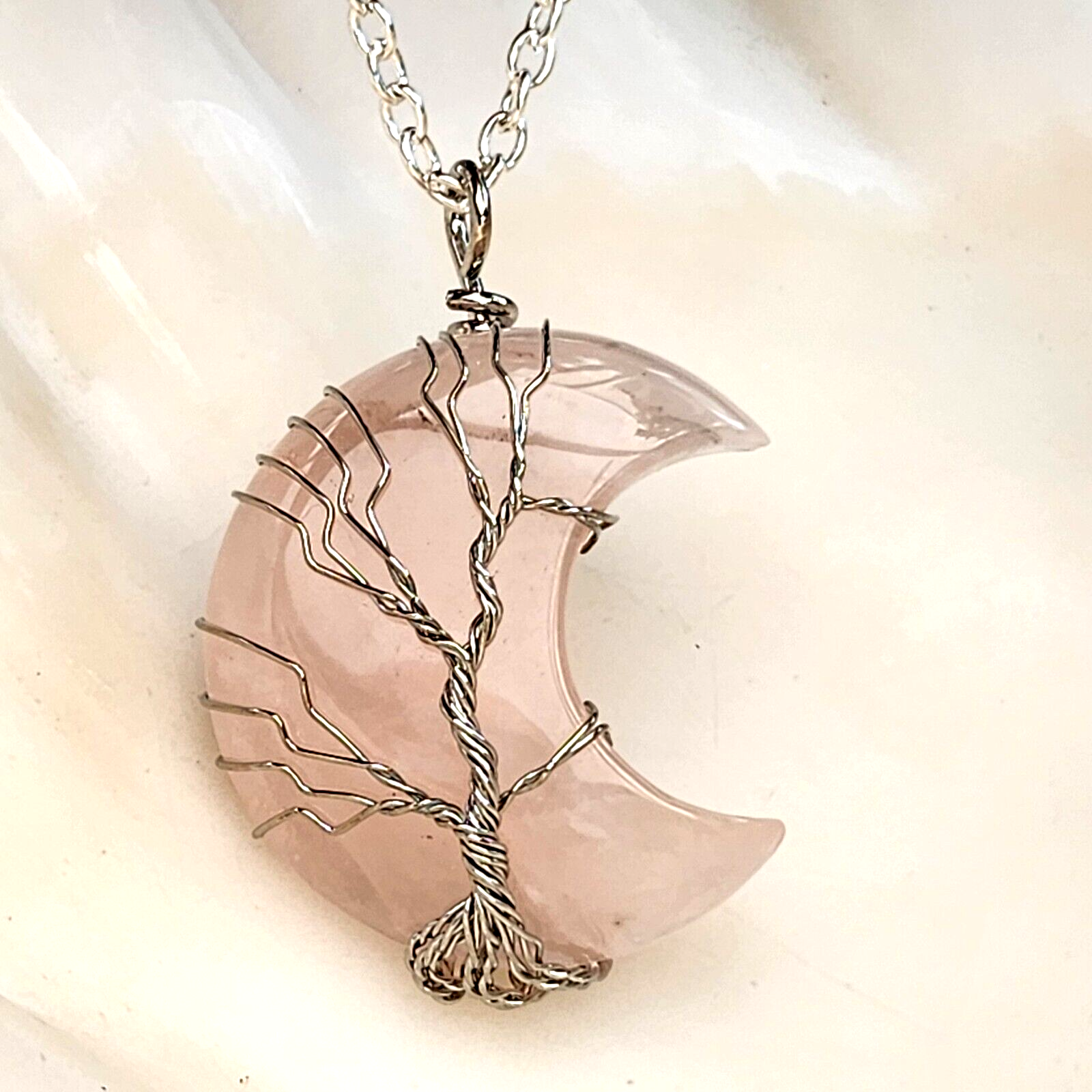 Tree of life Rose Quartz Moon Pendant 18"" Necklace Crescent Wire Wrap Jewellery