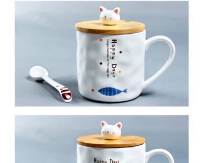 Cute Novelty Ceramic Mug with 3D Kitten Lid and Spoon, Cat Coffee Mug 350ml 