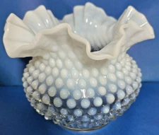 Fenton White Opalescent Ruffled Hobnail 5" tall Art Glass Vase 