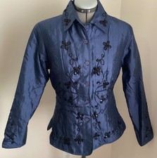 VTG NWT Carole Little quilted jacket Small silk blue embroidered beads sequins