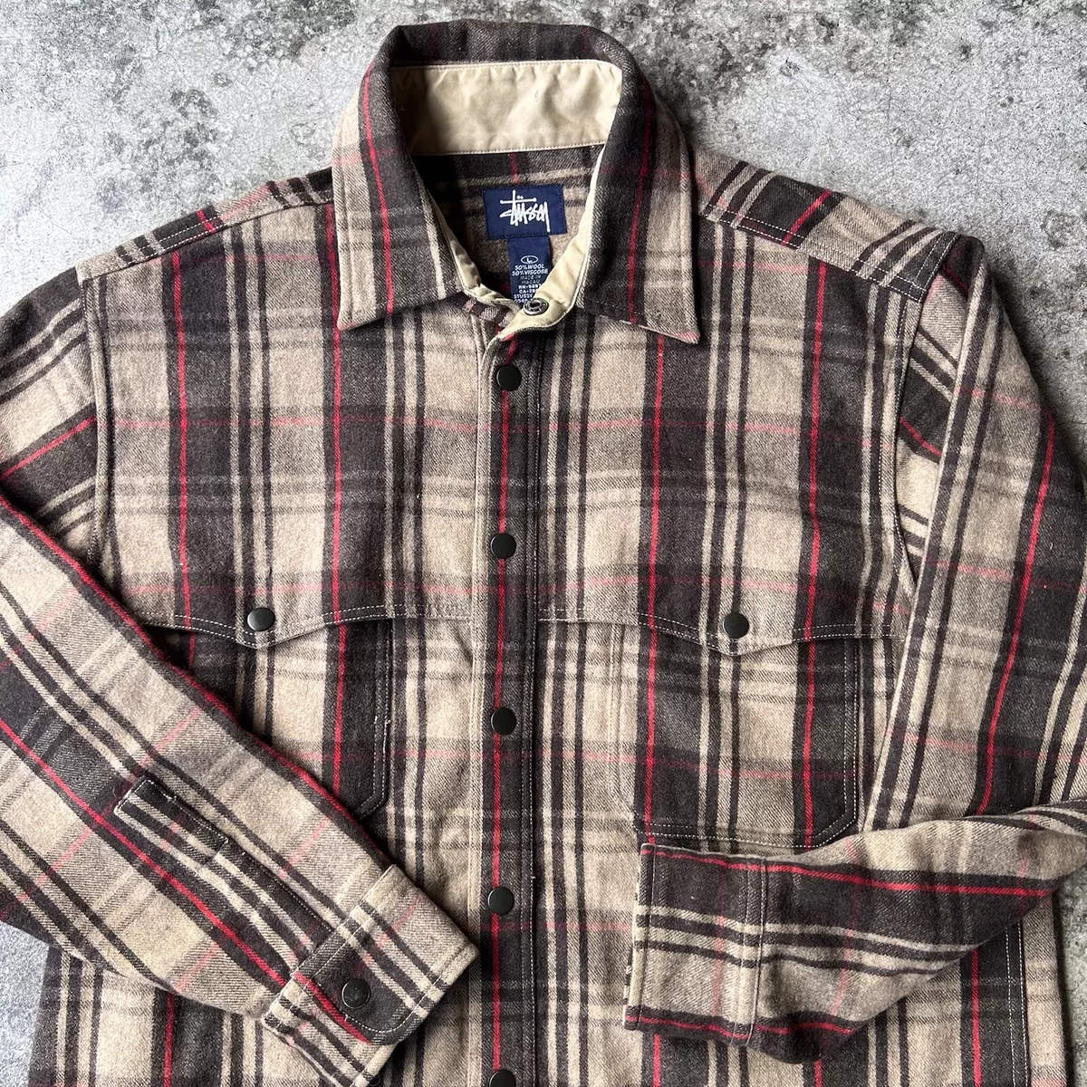 Vintage 90s Y2K Stüssy Plaid Wool Blend Flannel Shirt Mens Sz Large Brown  Skater