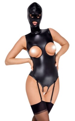 Extravaganter schwarzer Straps-Body ouvert von Bad Kitty mit angenähter