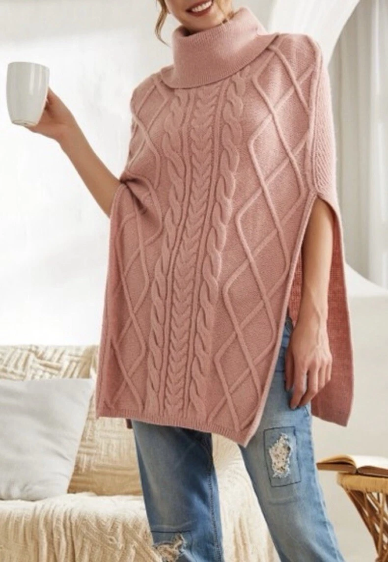 Simple Suzanne Betro Women's Cable Knit Poncho Plus Size 1X/2X Pink Cowl Neck