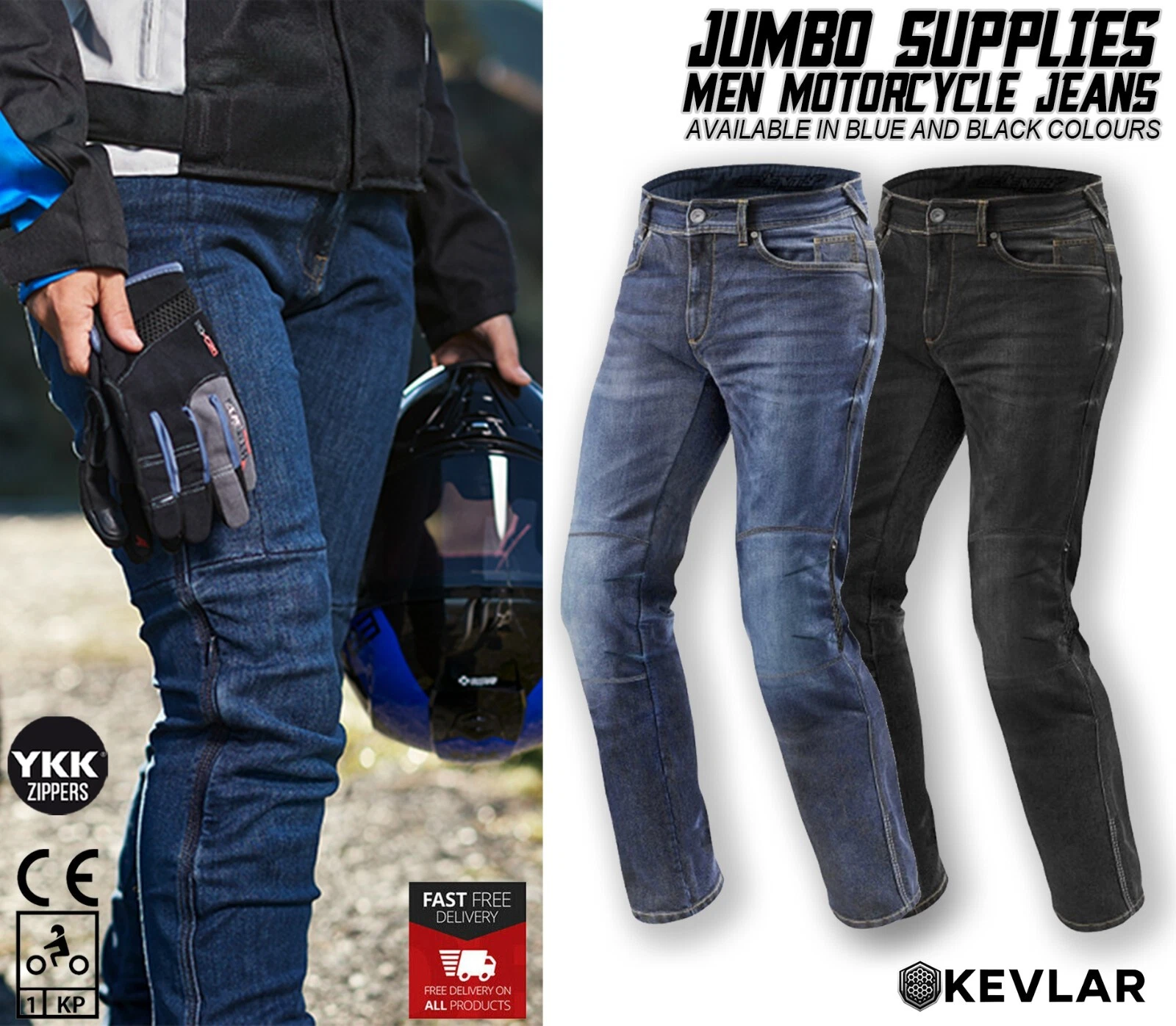 Mens Motorcycle Jeans made with Kevlar Lining Motorbike Denim Trouser CE Armour