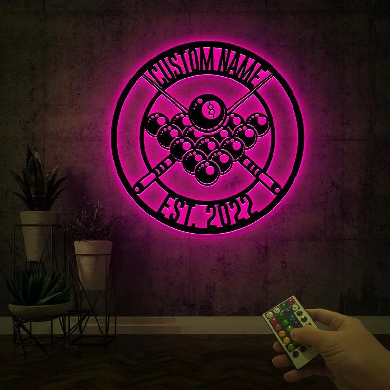 Letrero metálico de billar personalizado con luces LED, letrero metálico de billar personalizado Foto 3 de 4