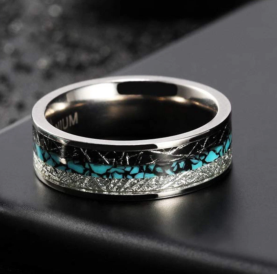 Ebay Wedding Rings For Women. 6mm Steel Band w Turquoise & Duo Meteorite Inlay - Image 2 of 4