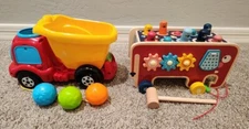 VTech Drop & Go Dump Truck AND wooden Peg And Hammer Bench Pull Toys- All Pieces