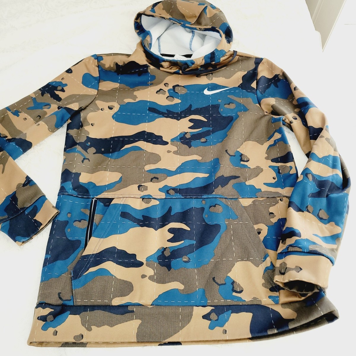 Nike Therma Fit Training Hoodie Men Small S Tan Blue Logo Camo