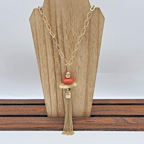 Chico’s FARRAH TASSEL Necklace – Matte Gold Chain w/ Marbled Stones, 34–38" - Picture 4 of 12