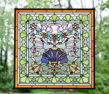 24.25" x 24.25" Tiffany Style stained glass window panel Jeweled glass QA104