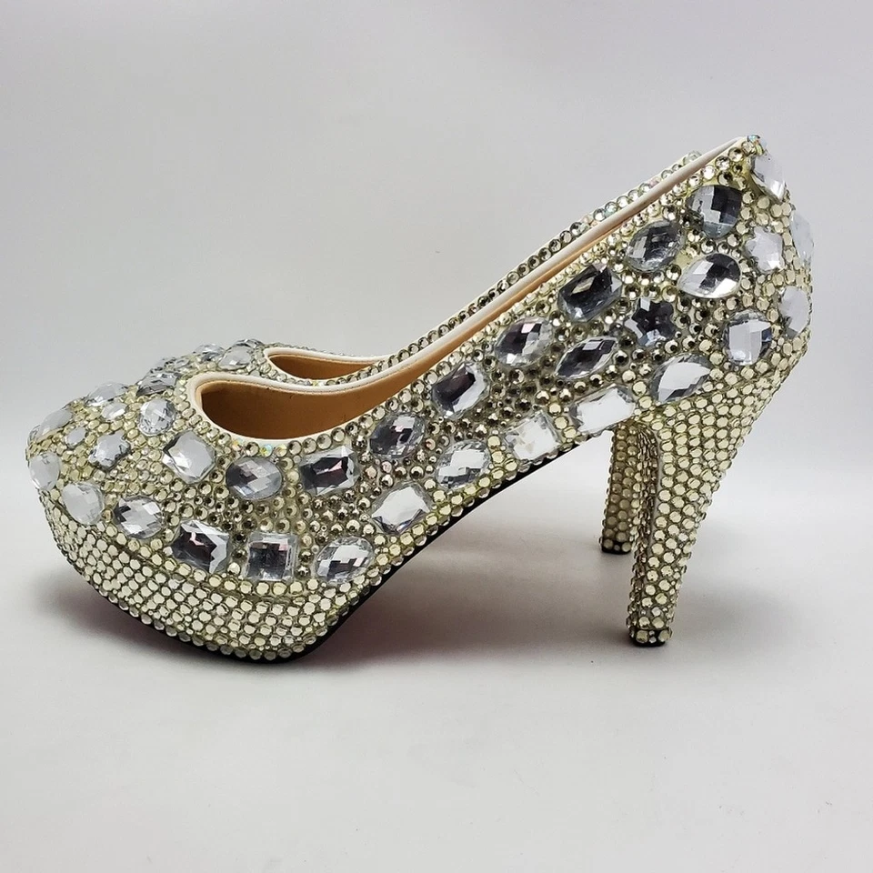 Zapatos de tacón de boda con cuentas de diamantes de imitación de cristal de Cenicienta talla 42 parte inferior roja Foto 2 de 4