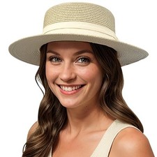 UPF50 Women Wide Brim Straw Panama Sun Hat Boater Summer Medium-Large Z-beige