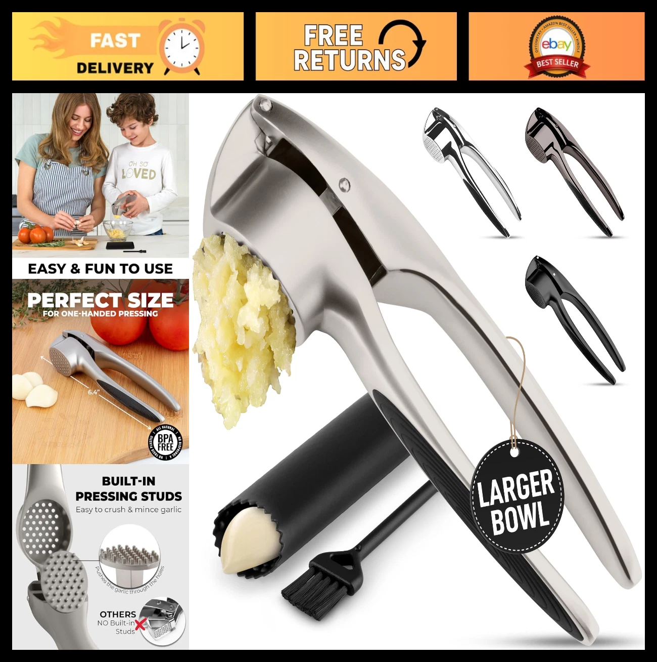 Premium Garlic Press Set - Rust Proof, Dishwasher Safe, Easy Squeeze Mincer & Pe
