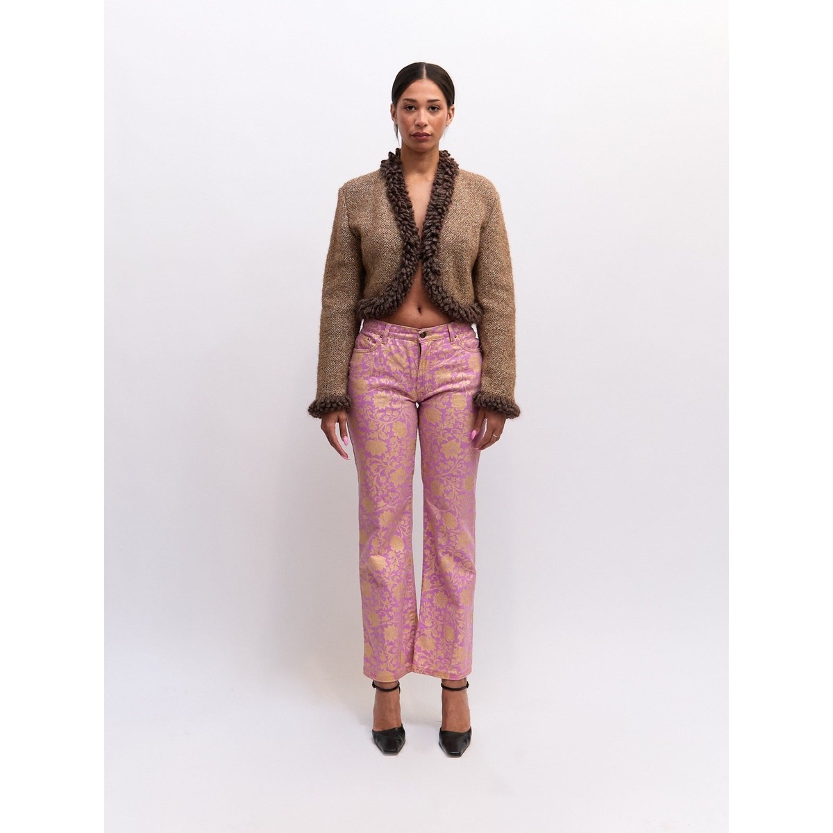 2000s Roberto Cavalli Lilac Lavender Floral Branch &Songbird Print Bootcut Jeans