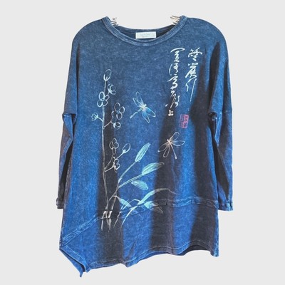 Jess & Jane Small ''Curiosity'' Black Tunic Top Dragonfly Floral Asian NWT