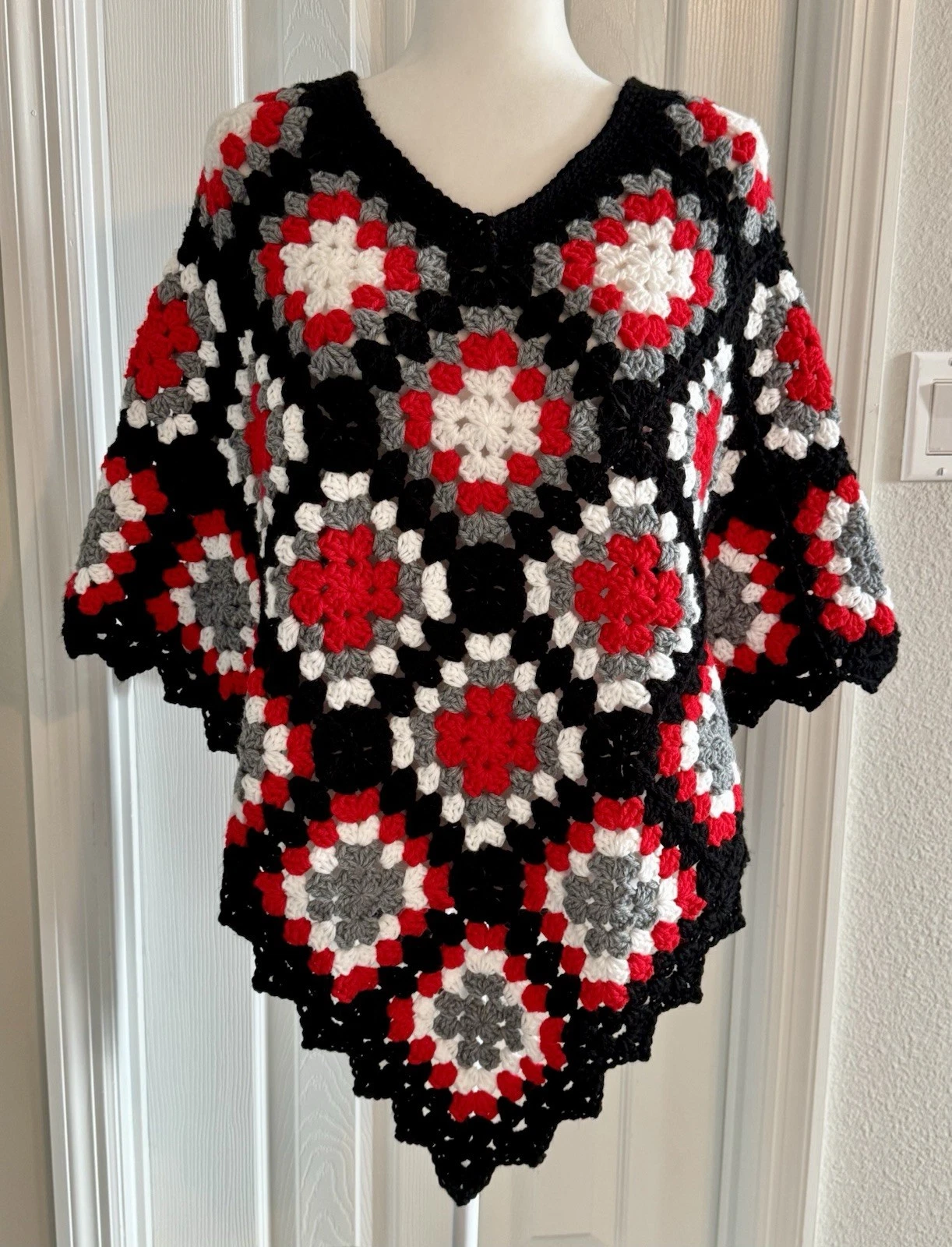 Handmade Crochet Poncho Granny Squares Scarlet Red Gray Black White Machine Wash
