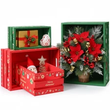 4 Pcs Christmas Wooden Storage Boxes with Handles Merry Christmas Nesting Cra...