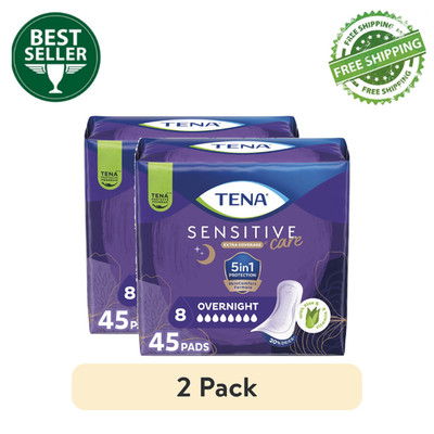 (2 Pack) TENA Sensitive Care Extra Coverage Overnight Incontinence Pads, 45Count