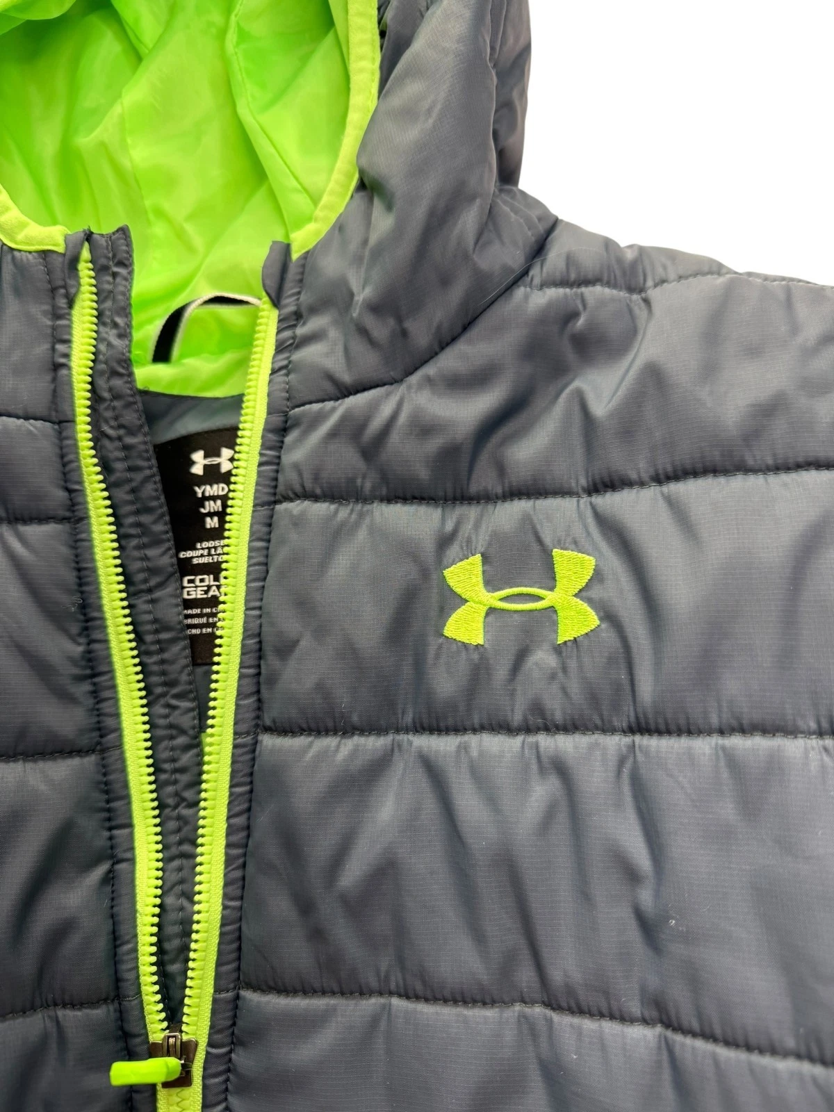 UNDER ARMOUR Puffer Puffy Insulated Coat Jacket, Hoodie, Hooded Gray Lime Green
