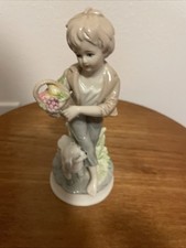 Porcelain Figurine Similar To Lladro Boy With A Lamb And A Basket Of Fruit
