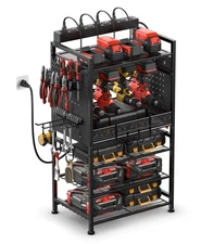 JUNNUJ Power Tool Organizer Floor Stand with Charging Station, Garage Adjustable