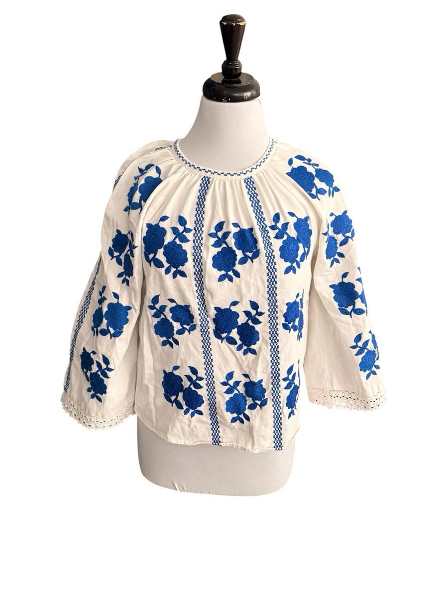 Sezane Rina Floral White & Blue Embroidered Blouse Top Size 34 (2
