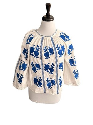 Sezane Rina Floral White & Blue Embroidered Blouse Top Size 34 (2