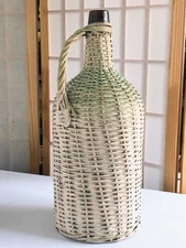 Vintage Demijohn Wine Bottle White Wicker Rattan Covered Brown Glass Jug 15"