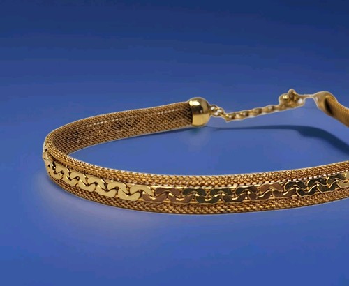 Gold Tone Mesh Choker Necklace w/ Lay Flat C-Link Chain Overlay Vintage 15.5" - Picture 3 of 14