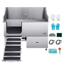 61" Pet Grooming Bath Tub Dog Wash Station Stainless Steel w/ Foldable Ramp Door