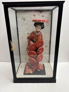 Rare Japanese Nishi “Seven Hats Dance” Doll in Glass Display Showcase. 22 x 13