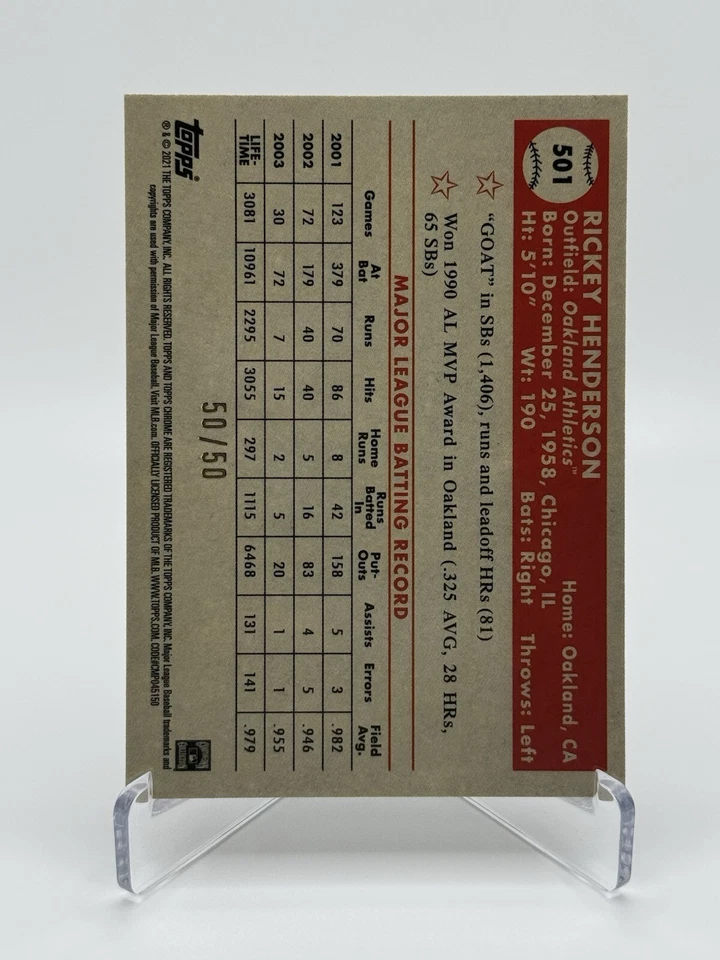 2021 Topps Chrome Platinum Rickey Henderson Rose Gold Wave 70th #501 #’d/50 A’s - Image 2 of 2