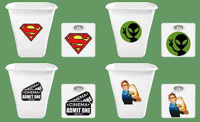 Novelty Theme White Dial Bathroom Scale and White 5.5 Gal Trash Can Themed Logos
